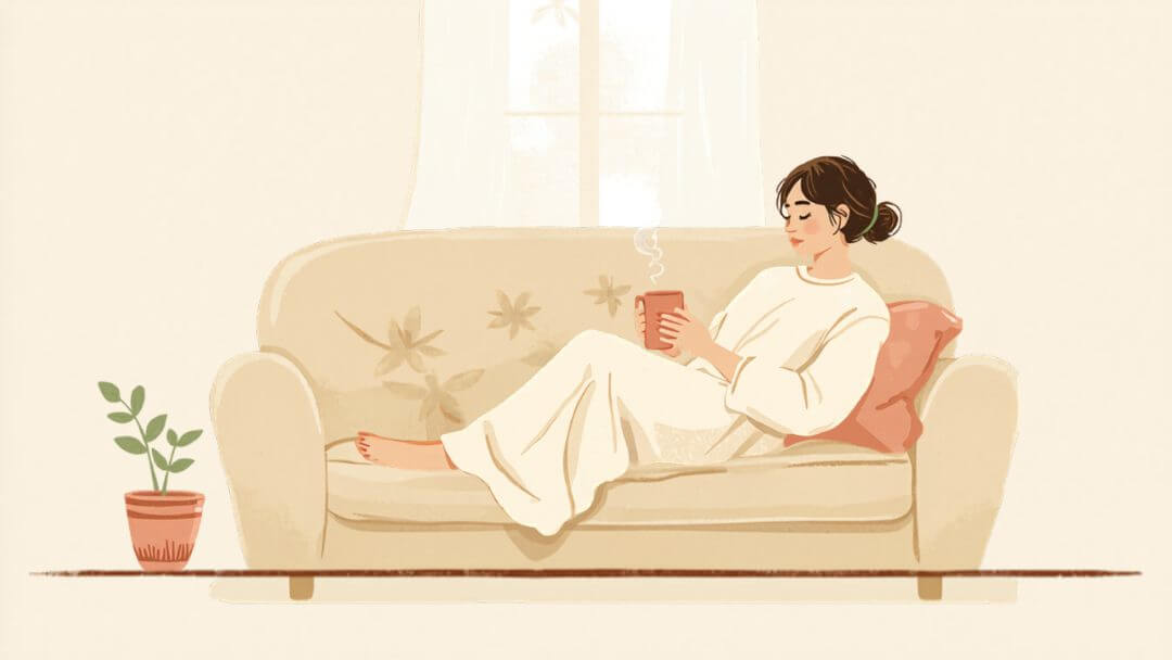 ソファでお茶を飲みながらくつろぐ女性のイラスト