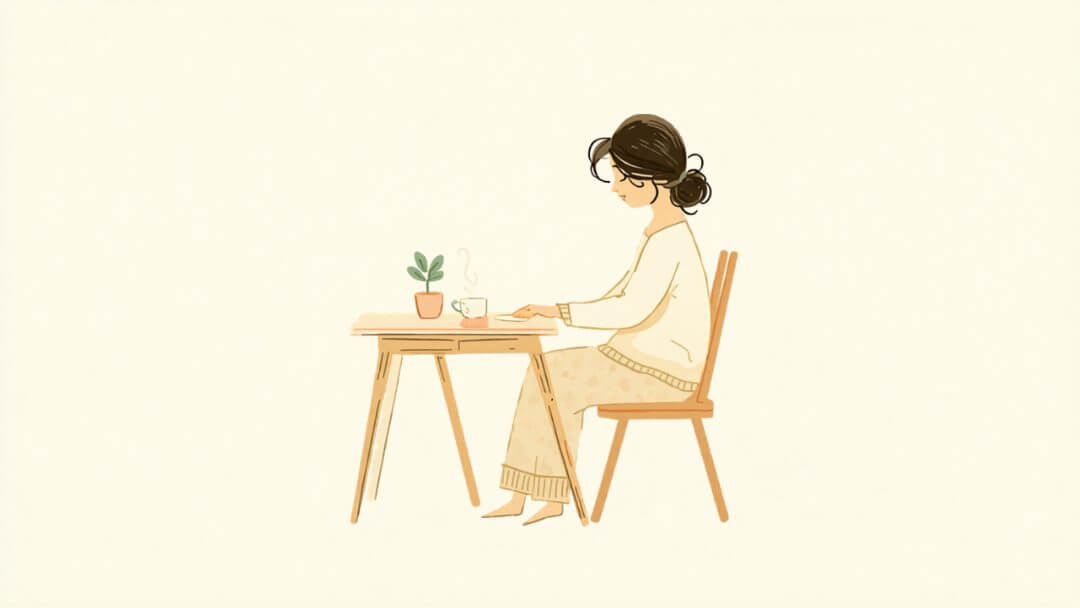 静かな部屋でノートに向かい自分のペースで考えごとをする女性のイラスト