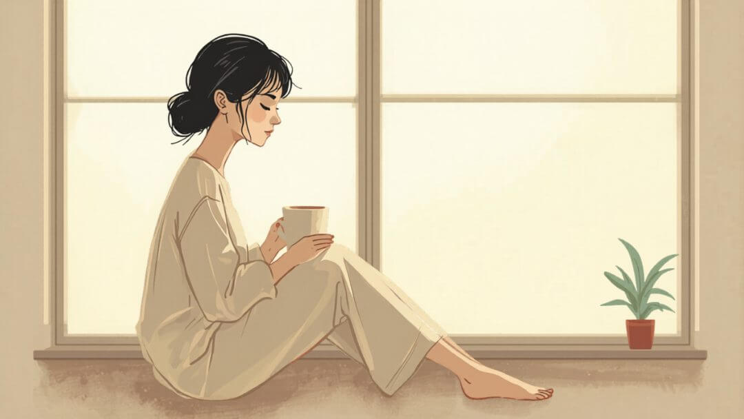 窓辺で温かい飲み物を持ち穏やかな朝の光の中でひと息つく女性のイラスト