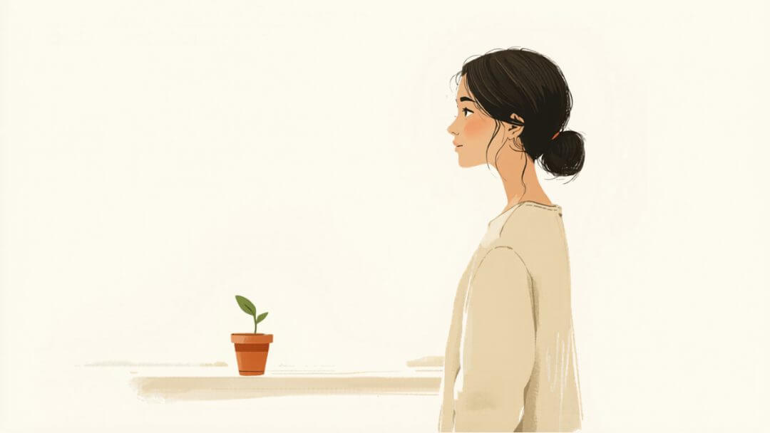 窓辺で芽吹いた小さな植物を見つめ前を向く女性のイラスト