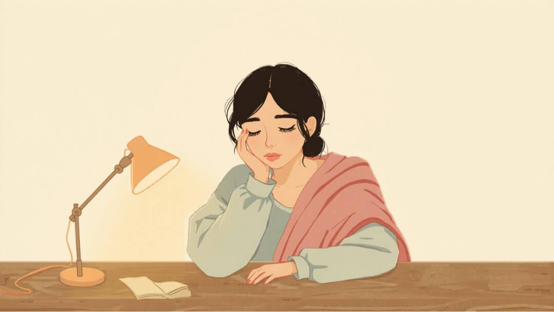 夕暮れの部屋で少し疲れた様子で頬杖をつき休む女性のイラスト